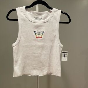 Golden Hour White Crop Tank Top with Butterfly Embroidery Size Large